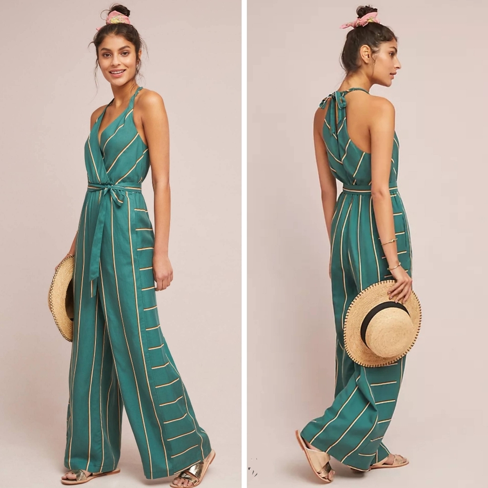 Anthropologie Portsmouth Green Striped Jumpsuit - Size XS